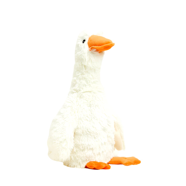 Plush toy by Jellycat featuring a fluffy white goose on a white background with textured fur, a vibrant orange beak, and webbed feet