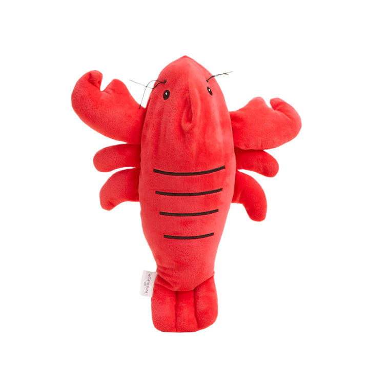 Plush toy by Warmies of a red lobster on a white background featuring soft crimson fabric, horizontal black embroidered belly stripes, and delicate black thread whiskers