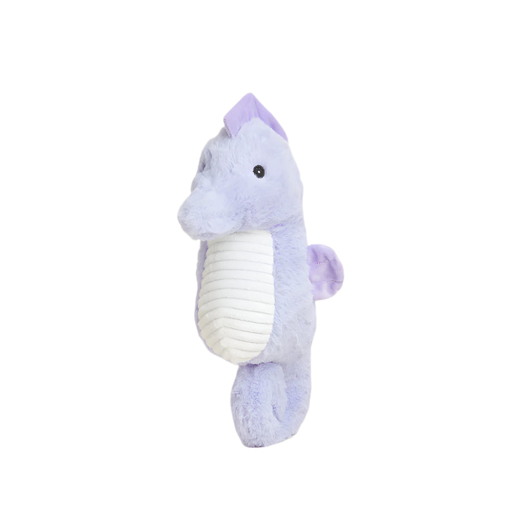 Plush toy by Jellycat of a lavender seahorse on a white background featuring a white ribbed underbelly, tiny black bead eyes, and a soft curled tail
