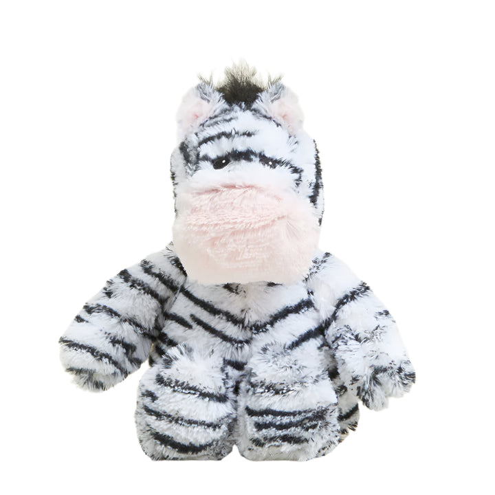 Plush zebra toy centered on a white background featuring textured black and white stripes, a soft pink snout, and a tufted black mane