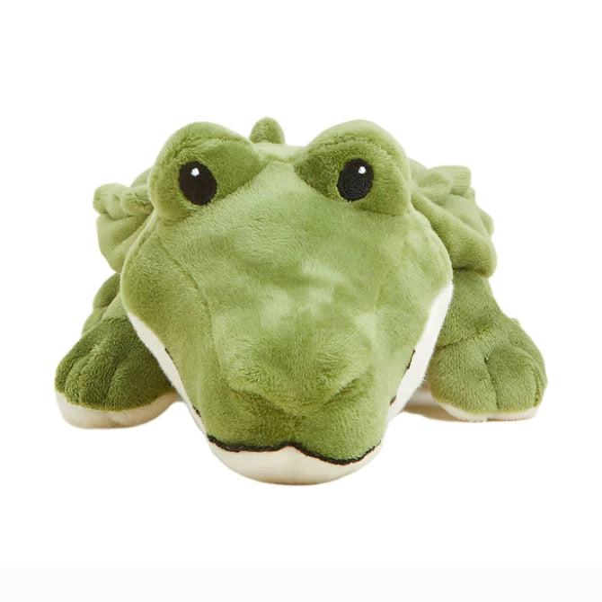 Plush toy of a soft green crocodile on a white background featuring black button eyes, a pale cream-colored underside, and textured fabric ridges along its back