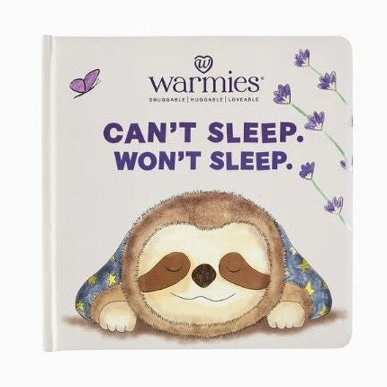 Illustrated board book cover by Warmies featuring a smiling sloth sleeping under a blue star-patterned blanket with purple lavender sprigs and a butterfly below the title CAN'T SLEEP WON'T SLEEP