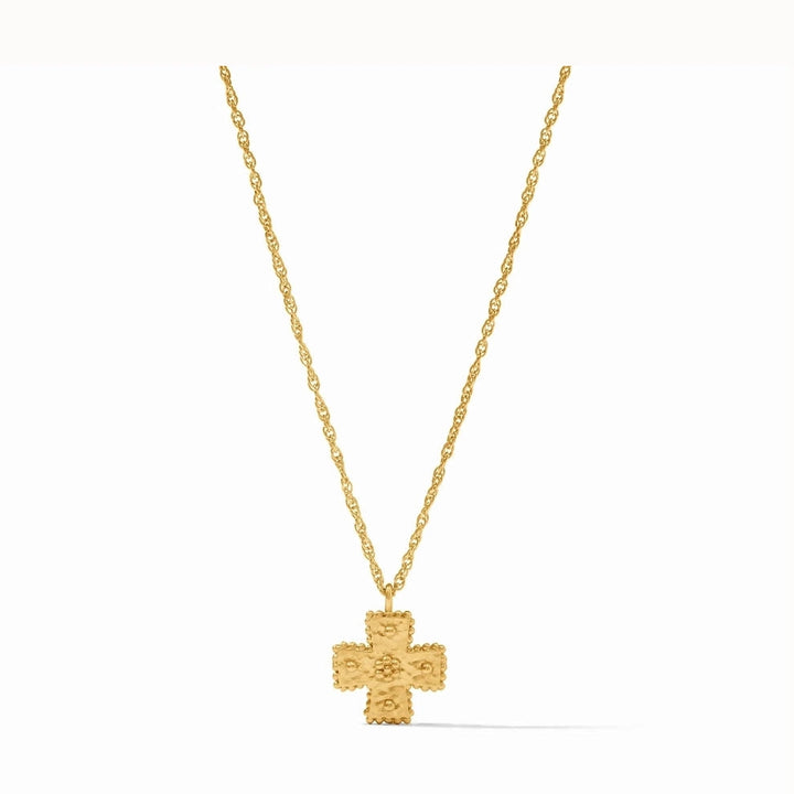 24k gold plate Julie Vos necklace featuring a hammered Byzantine cross pendant with beaded scalloped edges and a central rosette motif suspended from a twisted rope chain against a white background