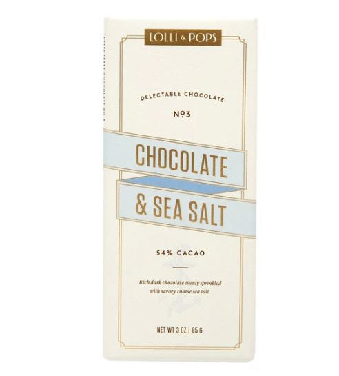 Product packaging for Lolli & Pops featuring a Chocolate and Sea Salt bar on a white background with light blue banner accents and gold-foiled typography