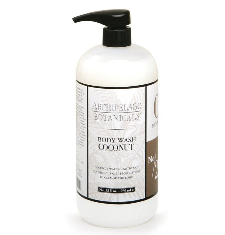 Studio photograph by Archipelago Botanicals of a Coconut Body Wash bottle on a white background featuring the brand&