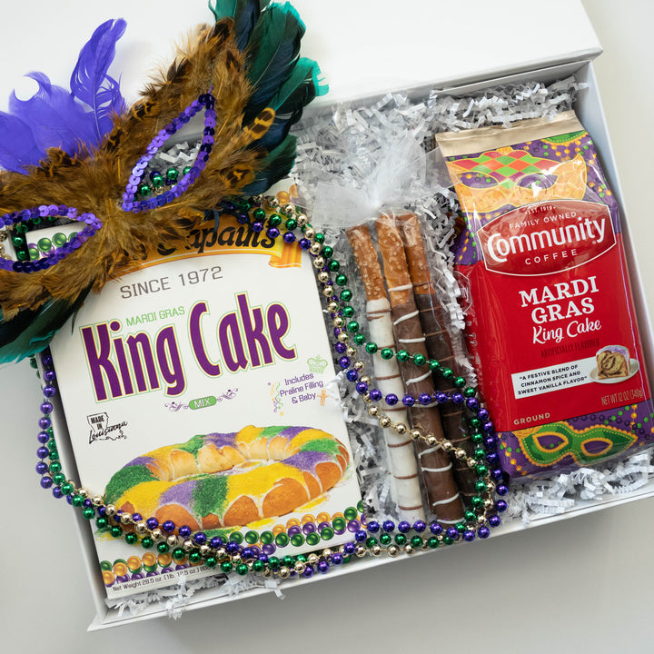 Photograph of a Louisiana Mardi Gras gift box featuring Mam Papaul&