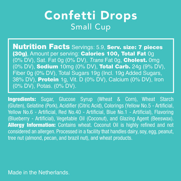 Digital graphic label for Confetti Drops featuring a white Nutrition Facts panel and ingredients list on a teal background for a small candy cup from the Netherlands highlighting 100 calories per serving and specific wheat allergy warnings