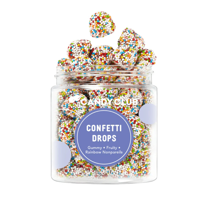 Product photograph by Candy Club of a clear jar filled with Confetti Drops gummy candies coated in vibrant rainbow nonpareils with several pieces suspended in mid-air above the purple circular label