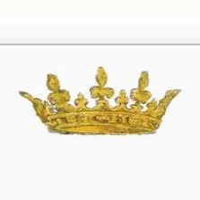Graphic illustration of an ornate golden royal crown featuring intricate fleur-de-lis points and a textured metallic finish centered at the top of a white square card