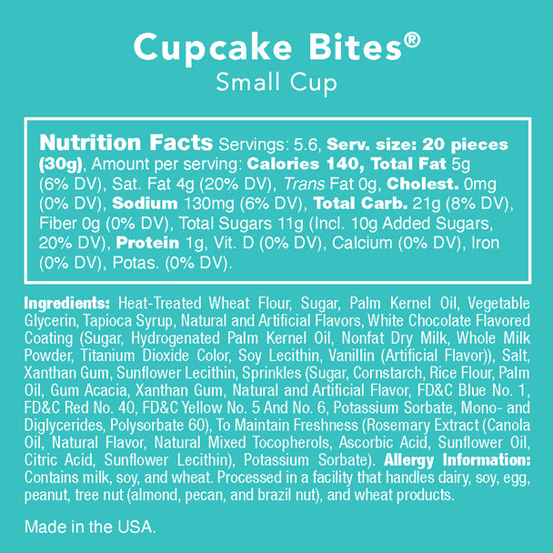 Digital graphic design by Cupcake Bites displaying a nutrition facts and ingredients label on a vibrant teal background featuring a prominent white-bordered data table and detailed allergen information