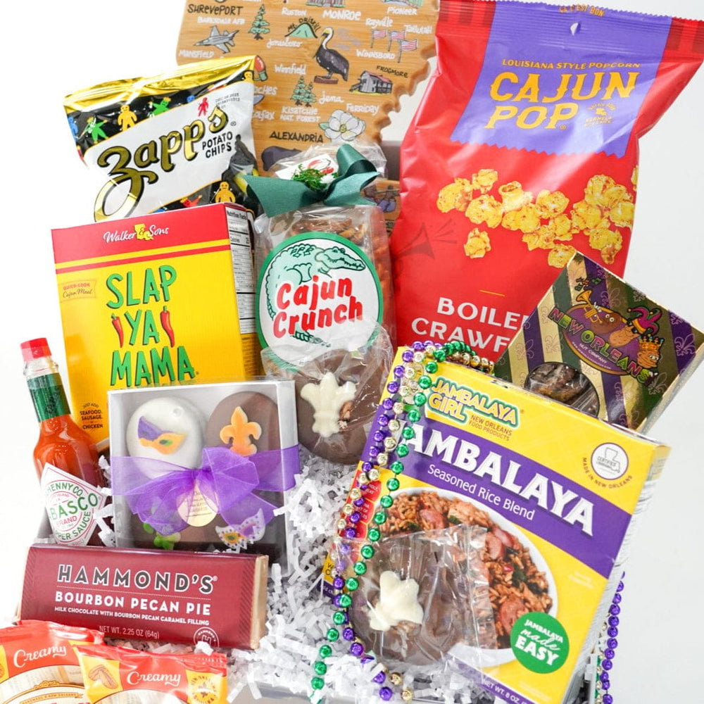 Photograph of a Louisiana themed gift basket featuring a state map background with local products like Slap Ya Mama seasoning, Zapp's potato chips, and vibrant Mardi Gras beads
