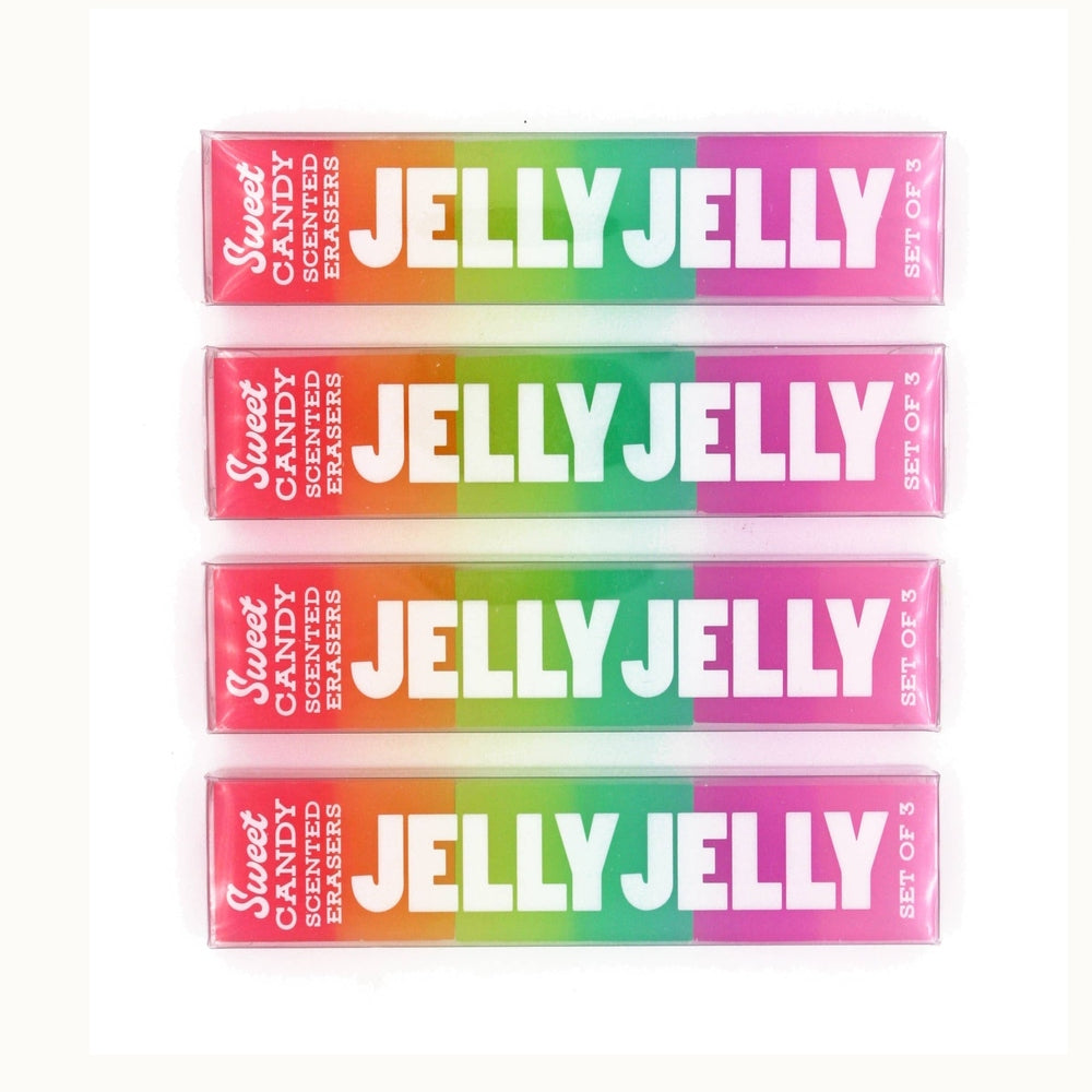 Product photograph of Jelly Jelly sweet candy scented erasers on a white background featuring four stacked sets with vibrant orange, lime green, and hot pink color gradients and bold white sans-serif lettering inside clear plastic packaging