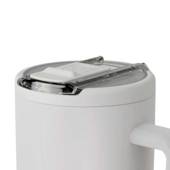 Product photograph by Miir of a white insulated camp mug featuring a clear press-fit lid with a white sliding closure and a debossed brand logo