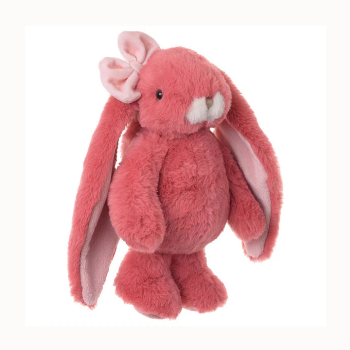 Plush toy by Jellycat featuring a coral pink Bashful Bunny on a white background with long floppy ears, a matching pink bow, and a white fuzzy muzzle