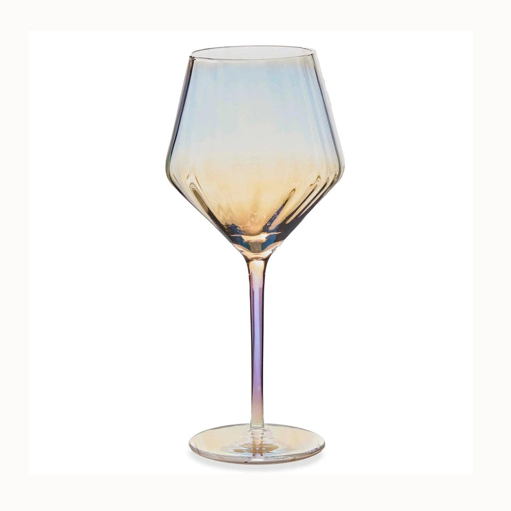 Iridescent glass modern wine glass on a white background featuring an angular geometric bowl with a pearlescent blue and gold gradient and a slender iridescent stem