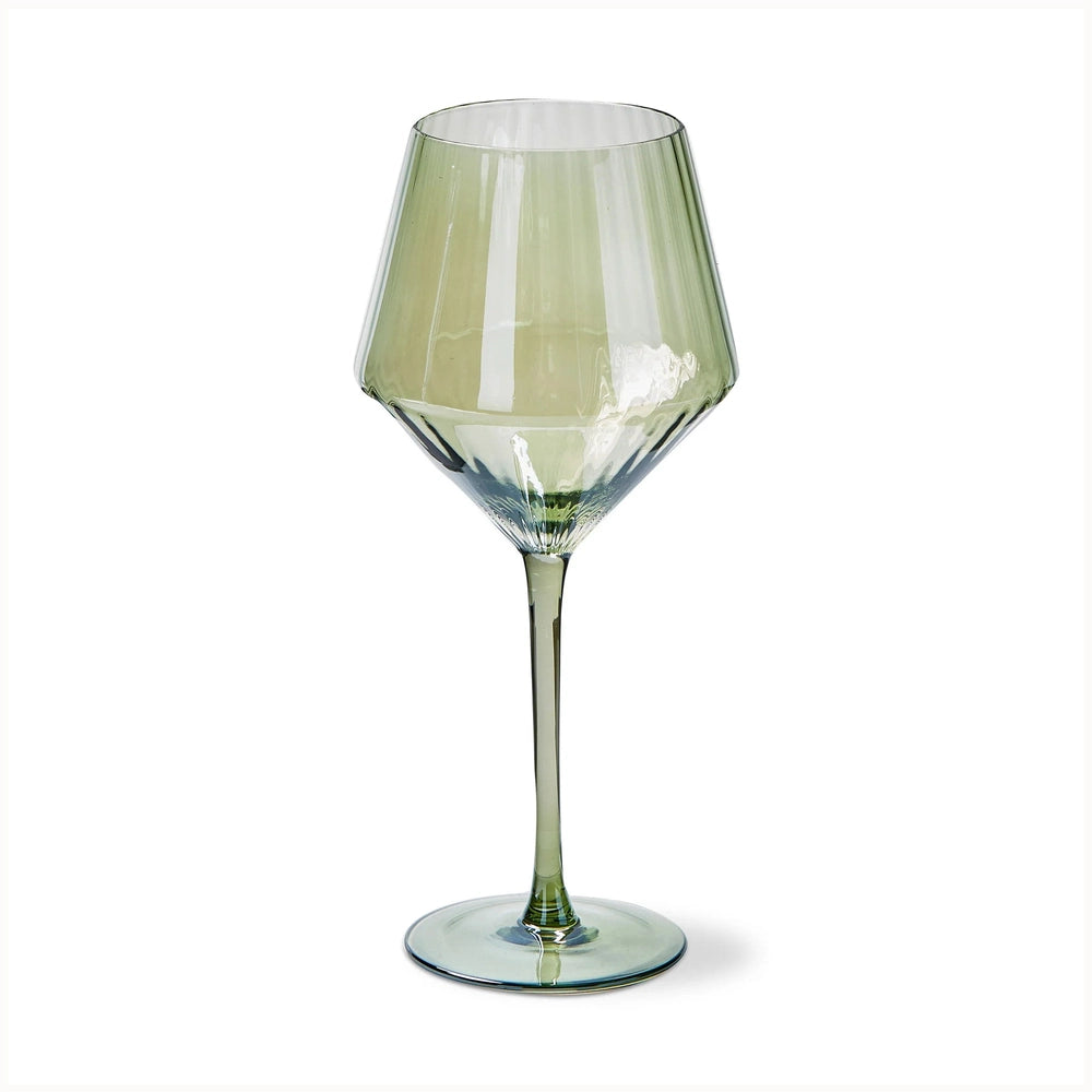 Glassware featuring an elegant moss green wine glass on a white background with a sharp angular bowl design and a long tapered stem highlighting unique vertical ribbing at the base