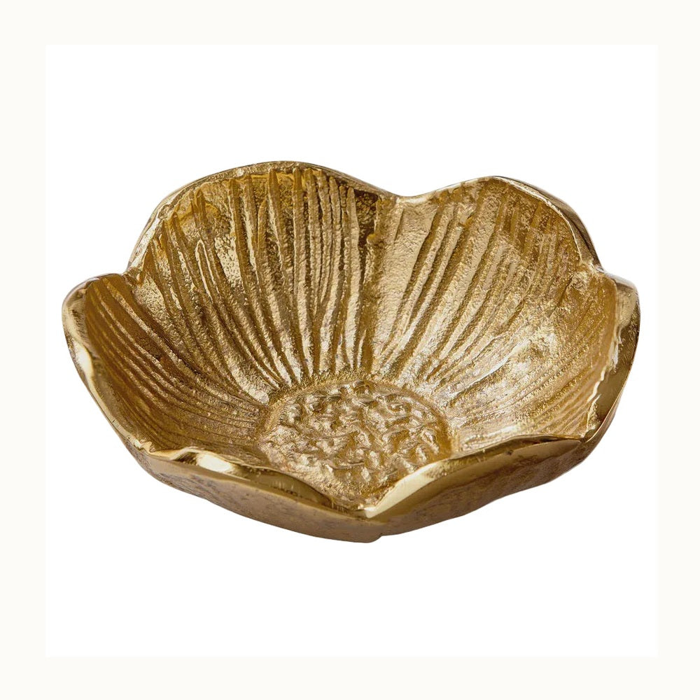 Gold-finished cast metal decorative bowl shaped like an anemone flower featuring deeply textured ribbed petals and a granulated center stamen set against a plain white background
