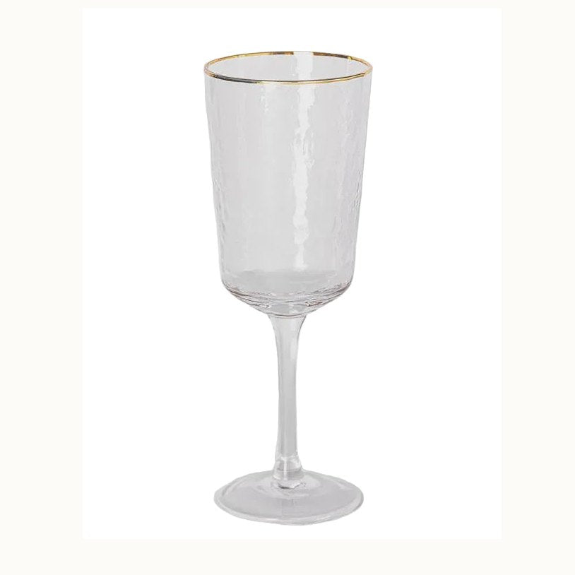 Handcrafted glass wine goblet presented on a white background featuring a delicate gold-trimmed rim, a distinctive hammered texture, and an elegant long clear stem