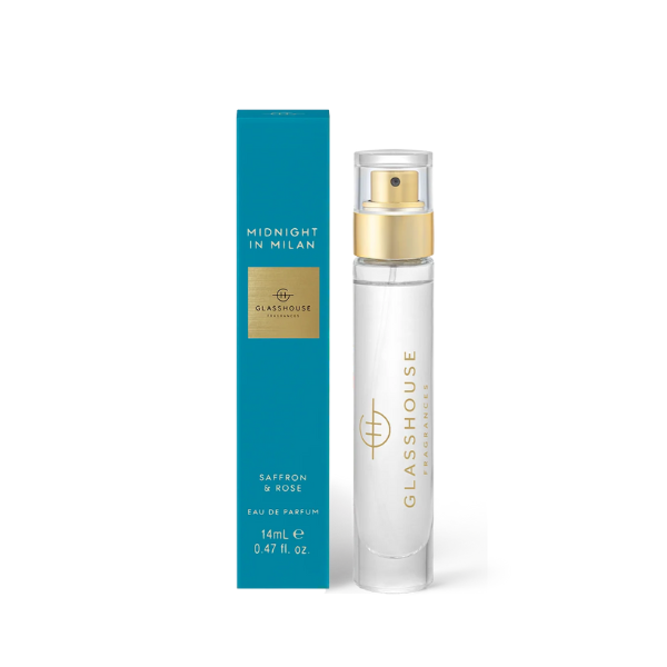 Commercial product photography of Glasshouse Fragrances Midnight in Milan Eau de Parfum travel spray on a white background featuring the brand&