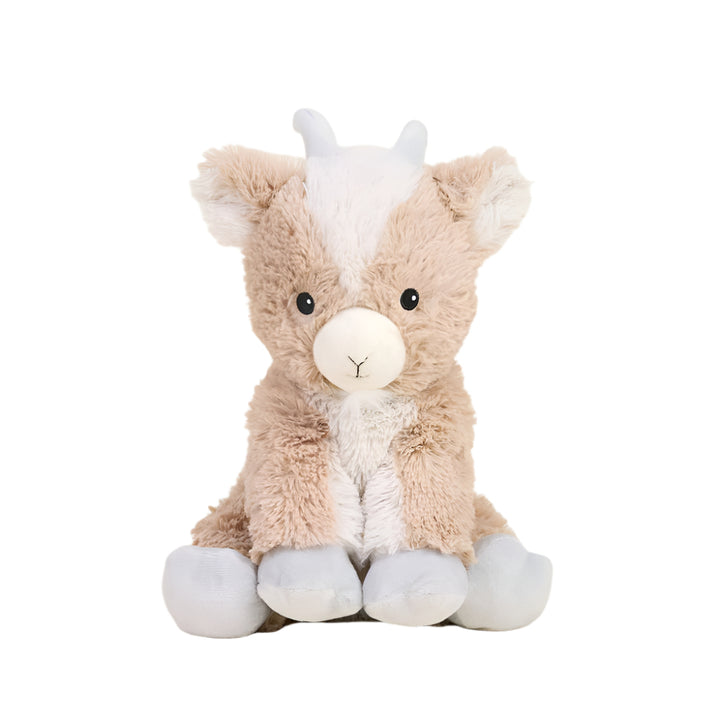 Soft plush toy of a baby goat sitting against a white background featuring fluffy tan and cream fur, tiny white horns, and a stitched Y-shaped nose