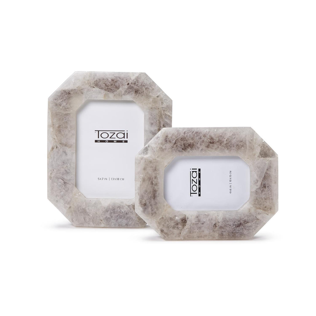 Smoky quartz stone picture frames by Tozai Home featuring a set of two octagonal frames displayed on a white background with natural crystalline patterns, beveled edges, and neutral shades of taupe and cream stone marbling
