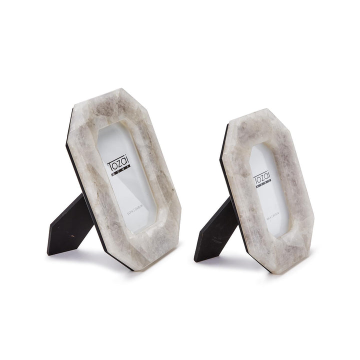 Tozai Home natural rock crystal frames featuring a set of two octagonal picture frames on a white background with translucent grey marbling, beveled edges, and black easel stands