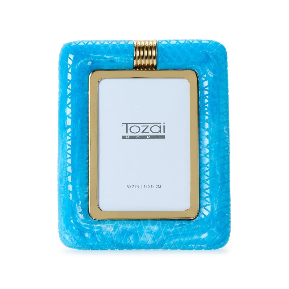 Resin and metal Tozai Home 5x7 picture frame on a white background featuring a diamond-textured turquoise marbled finish with a gold-tone inner border and a ribbed metallic top accent