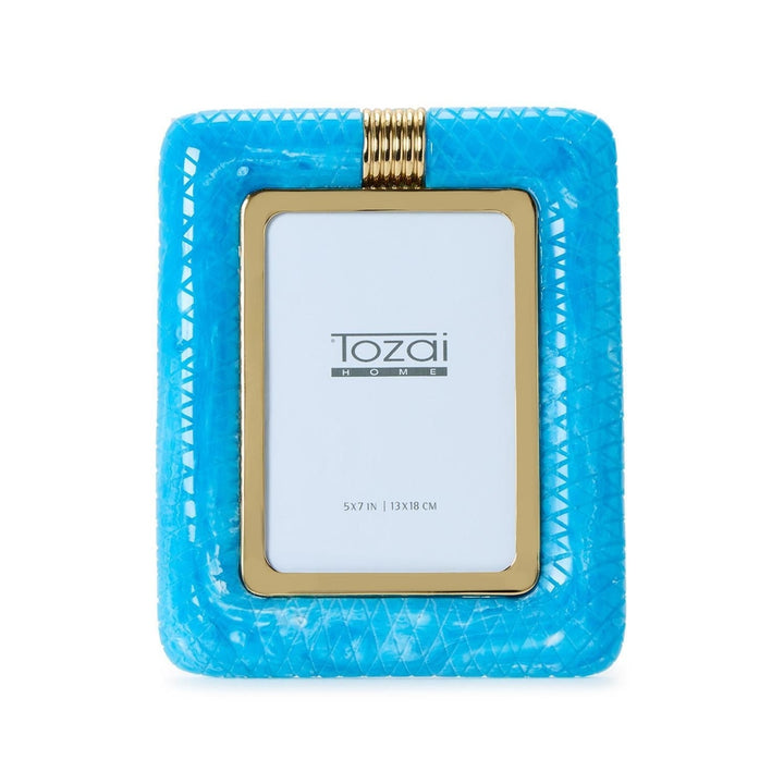 Resin and metal Tozai Home 5x7 picture frame on a white background featuring a diamond-textured turquoise marbled finish with a gold-tone inner border and a ribbed metallic top accent