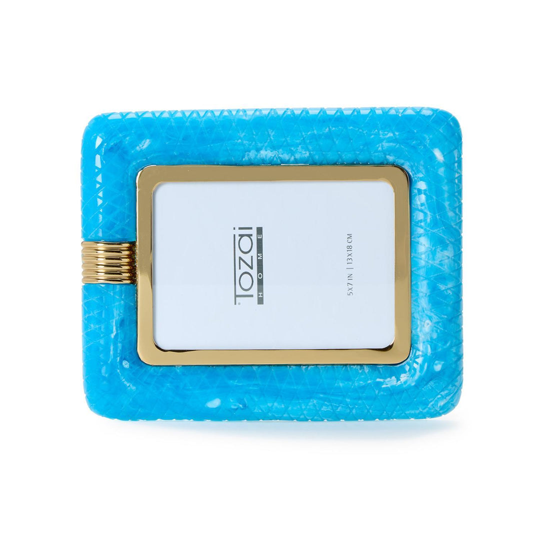 Tozai Home marbled resin picture frame for home decor featuring a diamond-quilted texture, a polished gold inner border, and a decorative ribbed brass side accent