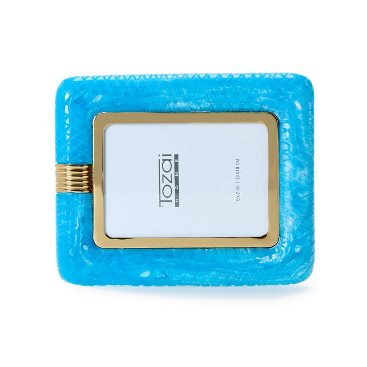 Tozai Home marbled resin picture frame for home decor featuring a diamond-quilted texture, a polished gold inner border, and a decorative ribbed brass side accent