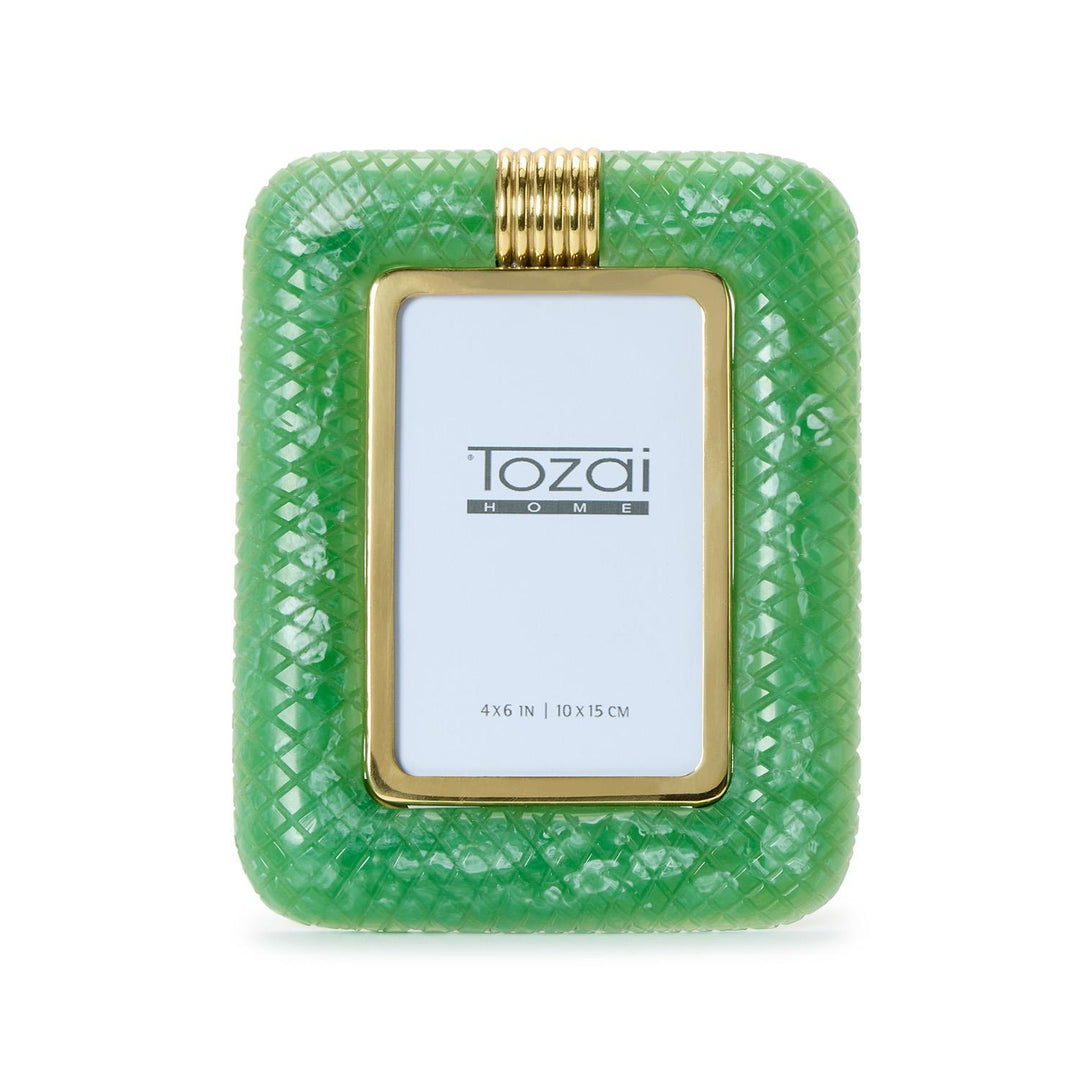 Tozai Home green resin picture frame on a white background featuring a textured diamond lattice pattern, a gold-toned inner border, and a decorative ribbed gold band at the top