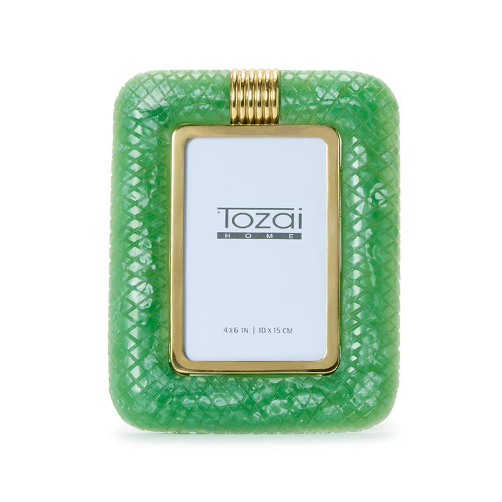 Tozai Home green resin picture frame on a white background featuring a textured diamond lattice pattern, a gold-toned inner border, and a decorative ribbed gold band at the top