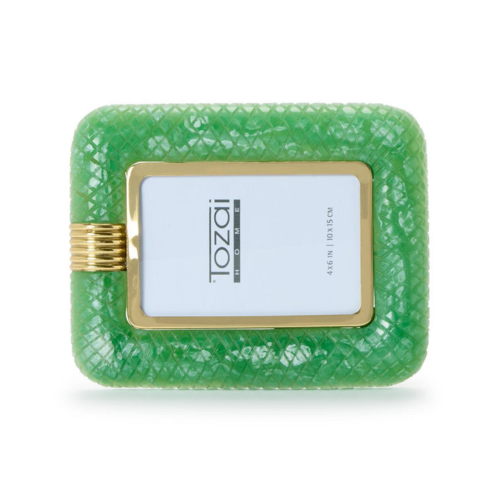 Tozai Home faux jade resin picture frame for tabletop display featuring a quilted diamond-textured surface, vibrant emerald green marbling, and a polished gold-toned metal border with a ribbed side accent