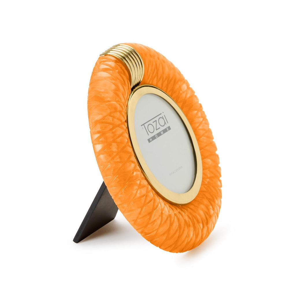 Tozai Home resin picture frame on a white background featuring a vibrant orange braided texture, a polished gold-toned inner rim, and a ribbed metal top accent