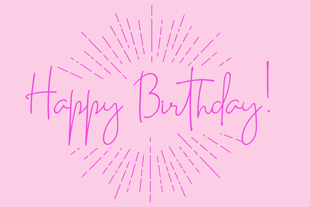 Digital graphic illustration of the text Happy Birthday in vibrant fuchsia script centered on a light pink background featuring a decorative sunburst pattern of dashed lines