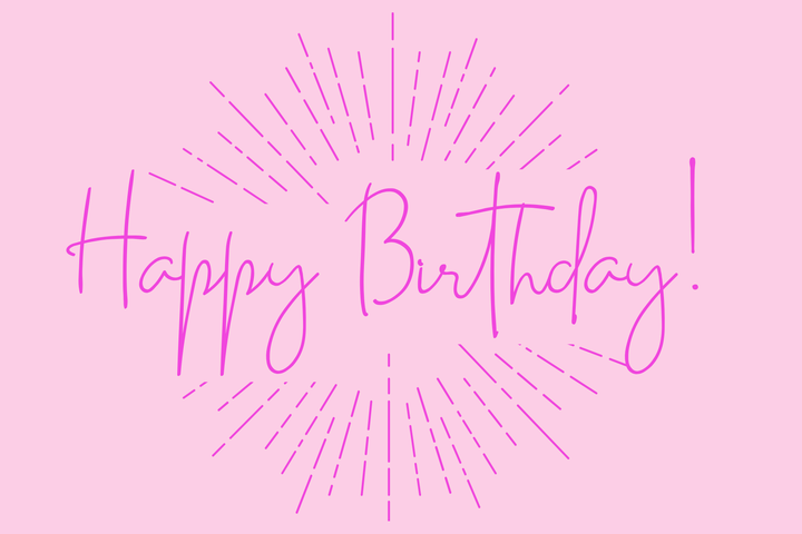 Digital graphic illustration of the text Happy Birthday in vibrant fuchsia script centered on a light pink background featuring a decorative sunburst pattern of dashed lines
