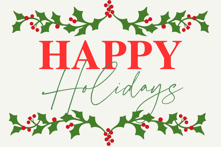 Digital graphic design of a festive Happy Holidays greeting card featuring bold red serif typography, elegant green script, and symmetrical holly leaf borders with bright red berries on a cream background