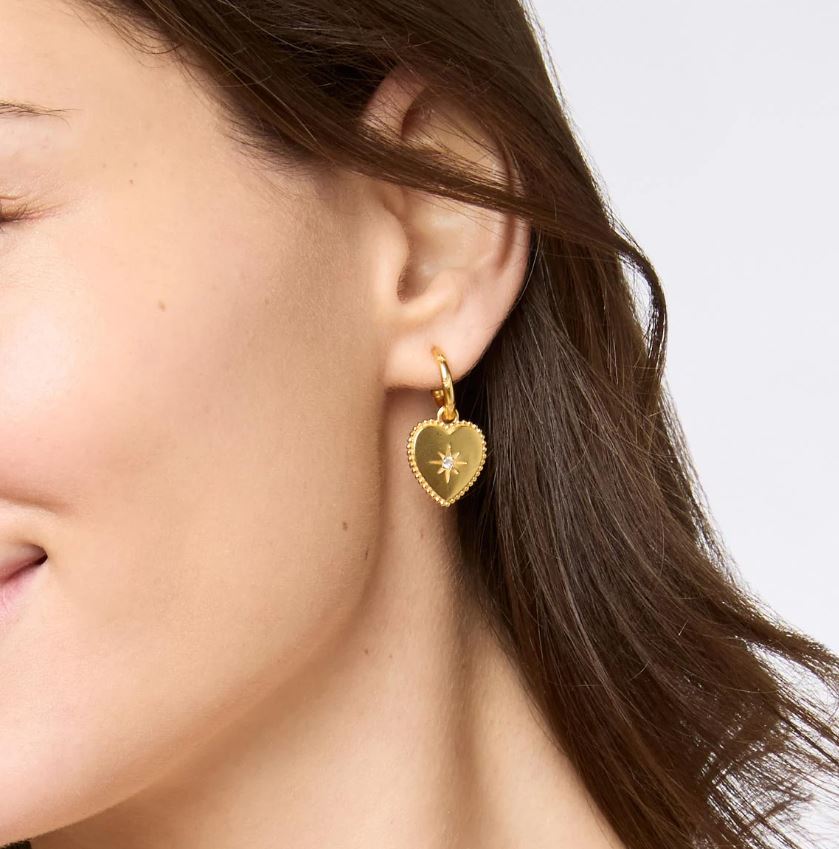 Close-up photograph of a gold heart-shaped earring worn on a woman&
