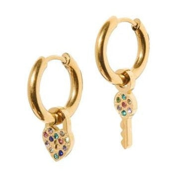 Gold-toned jewelry featuring a pair of hoop earrings with heart-shaped padlock and key charms embellished with vibrant multi-colored rainbow stones on a white background