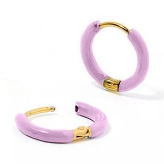 Gold-plated and enamel jewelry featuring a pair of small lavender hoop earrings on a plain white background with visible polished gold hinges and a glossy lilac finish