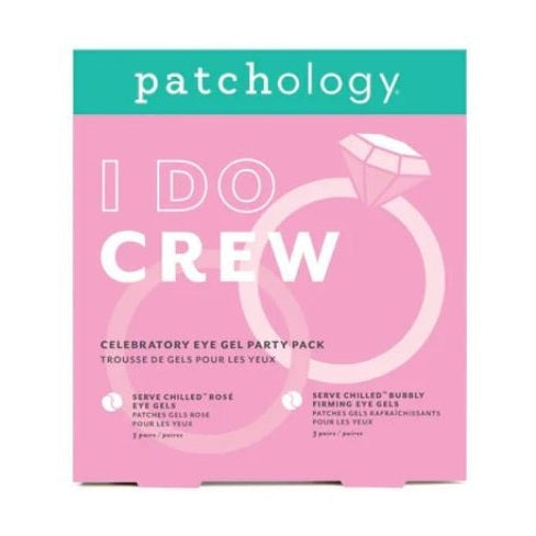 Graphic design by Patchology of the I DO CREW celebratory eye gel party pack featuring a vibrant pink background, teal top banner, and white interlocking wedding rings with a large faceted diamond illustration