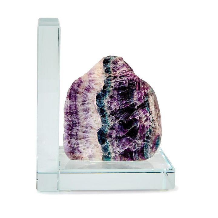 Polished fluorite and glass bookend featuring a raw-edged mineral specimen mounted on a clear L-shaped base showcasing vibrant bands of deep purple and teal green with translucent crystalline fractures