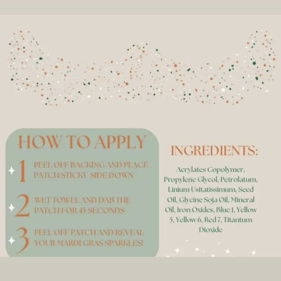 Digital infographic detailing a three-step application process and ingredient list for Mardi Gras sparkles, featuring a festive purple, green, and gold confetti banner atop a minimalist sage green and cream layout