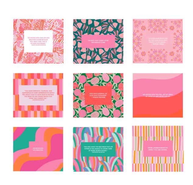 Digital graphic design in the style of Lilly Pulitzer featuring a grid of nine motivational quote cards showcasing tropical pink palm leaves, lush green floral prints, and vibrant orange wavy patterns
