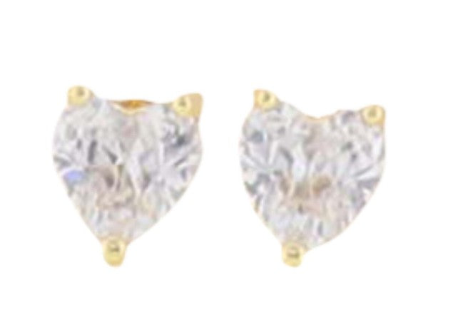 Yellow gold and faceted gemstone heart-shaped stud earrings featuring a romantic heart silhouette with brilliant-cut clear stones and a classic three-prong setting on a white background
