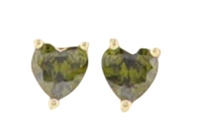 Jewelry pair of heart-shaped stud earrings featuring faceted olive green peridot gemstones secured by three minimalist gold-tone prongs on a plain white background