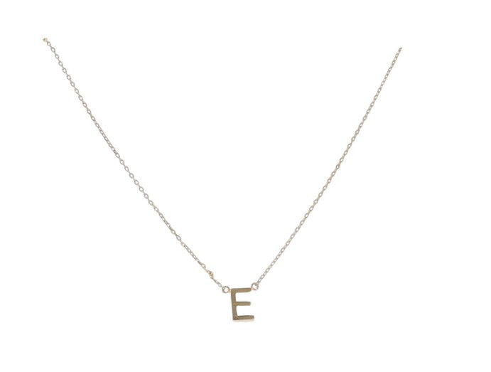 Gold jewelry necklace featuring a polished uppercase letter E pendant centered on a white background with a delicate fine-link chain and a bright reflective finish