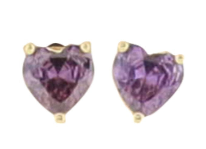 Amethyst jewelry heart-shaped stud earrings set in yellow gold featuring vibrant purple faceted stones and three-prong settings against a white studio background