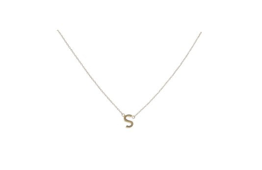 Gold necklace featuring a polished serif initial S pendant centered on a delicate thin cable chain against a minimalist white background