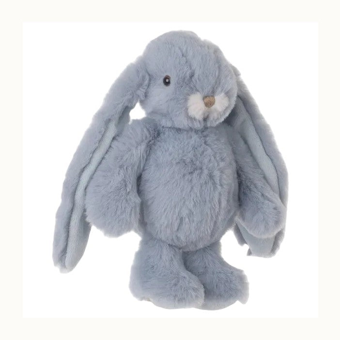 Plush toy by Jellycat of a dusty blue Bashful Bunny on a white background featuring long floppy ears, a tiny beige nose, and a soft white muzzle